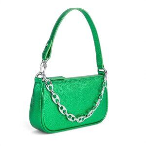 BY FAR Mini Rachel Bag Metallic Green Leather Silver Chain NW w/ Dustbag